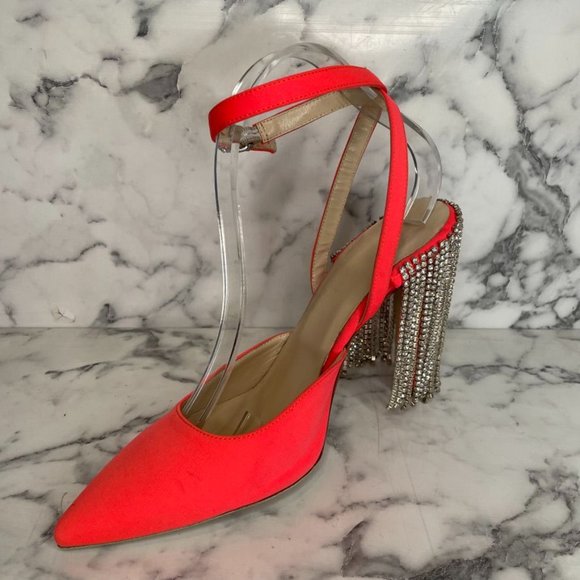 AREA Neon Orange Crystal Chandelier Canvas Block Heel Point Toe Pumps - Picture 2 of 11